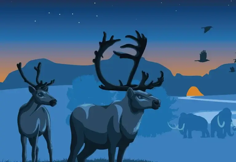 Extrait de la fresque : Deux cerfs en premier plan avec une famille de mammouth en fond