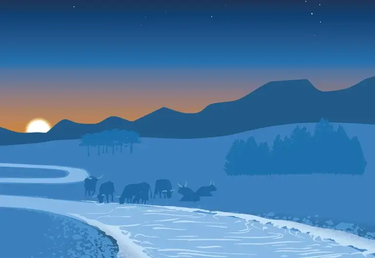 Extrait de la fresque : Vue d'emsemble de la plaine, des buffles sont en train de boire au bord de la rivière