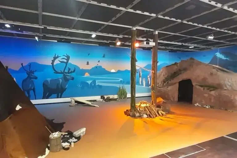 Mise en place de l'illustration sur les murs de la salle de la Cité des Sciences